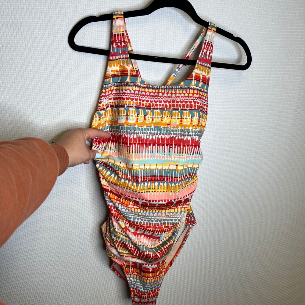 Garnet Hill Women Multi Color Geometric Ruched One Piece Swimsuit 10